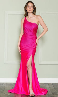 One-Shoulder Long Beaded Prom Dress with Strappy Back Hot Pink / Medium
