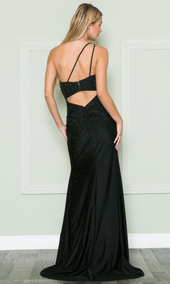 A woman wearing the One-Shoulder Long Beaded Prom Dress: Poly USA 8914 stands against a light-colored wall, facing away from the camera.