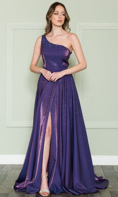 A woman in a purple One-Shoulder Long A-Line Prom Gown (Poly USA 8914) with beaded detail and a thigh-high slit stands against a pale green wall.