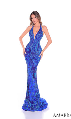 A woman models the Amarra 89203, a sleeveless, form-fitting halter sequin prom dress with a deep neckline and floor-length hem, posed against a white background.