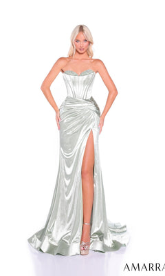 A woman poses against a white background in the Amarra 89291 Strapless Sweetheart Prom Gown, featuring silver satin, a corset bodice, and a high slit.