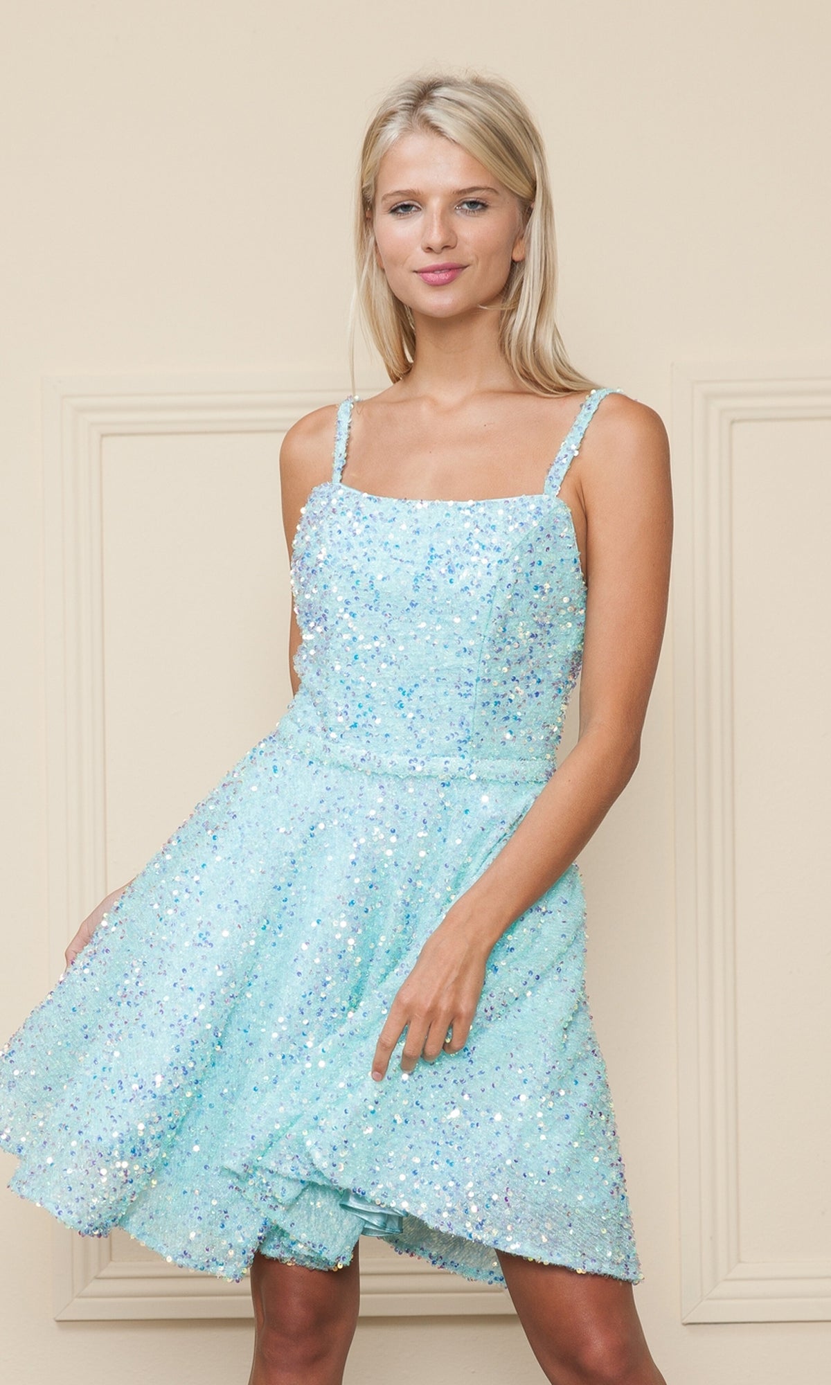 A-Line Short Sequin Homecoming Dress - PromGirl Aqua / Small A-Line Short Sequin Homecoming Dress - PromGirl Aqua / Small