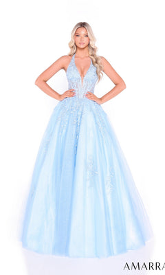 A woman poses with hands on hips wearing the Amarra 89317 long prom dress, featuring a light blue lace-embroidered bodice with floral accents and a flowing glitter tulle floor-length skirt.