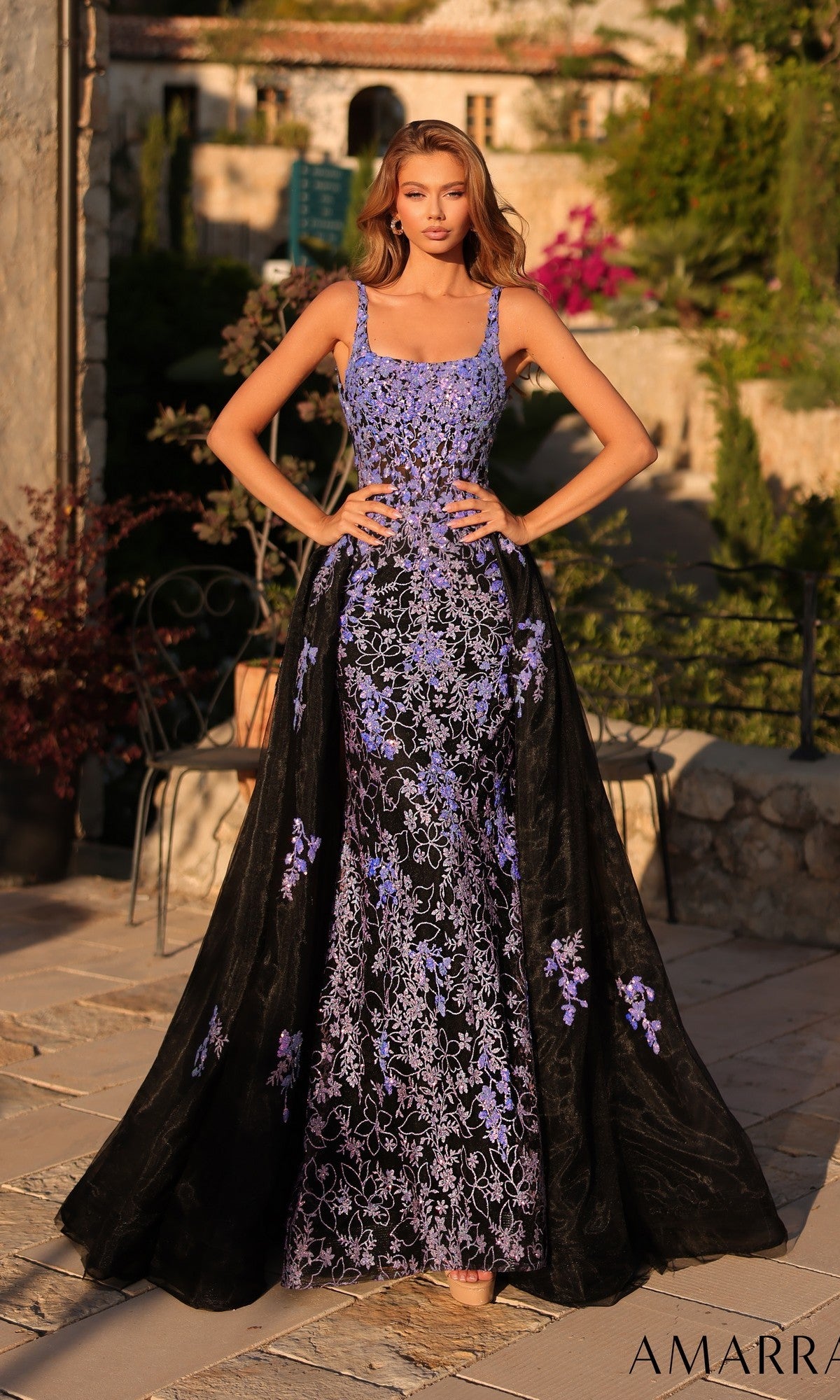 Long Beaded Prom Dress with Removable Overskirt Red / 12