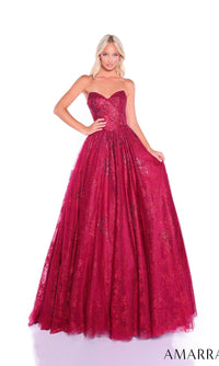 A woman poses against a white background wearing the Long Prom Dress: Amarra 89415, a dark pink strapless gown with a fitted bodice, flared A-line tulle skirt, and glitter hot-stone embellishments.