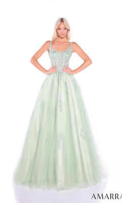 A woman poses with hands on hips against a white background in the sage Sheer-Corset Long Prom Dress, Amarra 89429, featuring a light green embellished A-line silhouette and an embroidered bodice. The “AMARRA” logo appears in the corner.