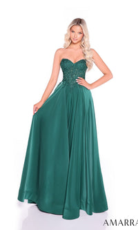 A woman models the Amarra 89433 long prom dress, featuring a strapless, fitted beaded bodice and flowing satin A-line skirt in emerald green—a floor-length gown perfect for any formal occasion, shown against a white background.