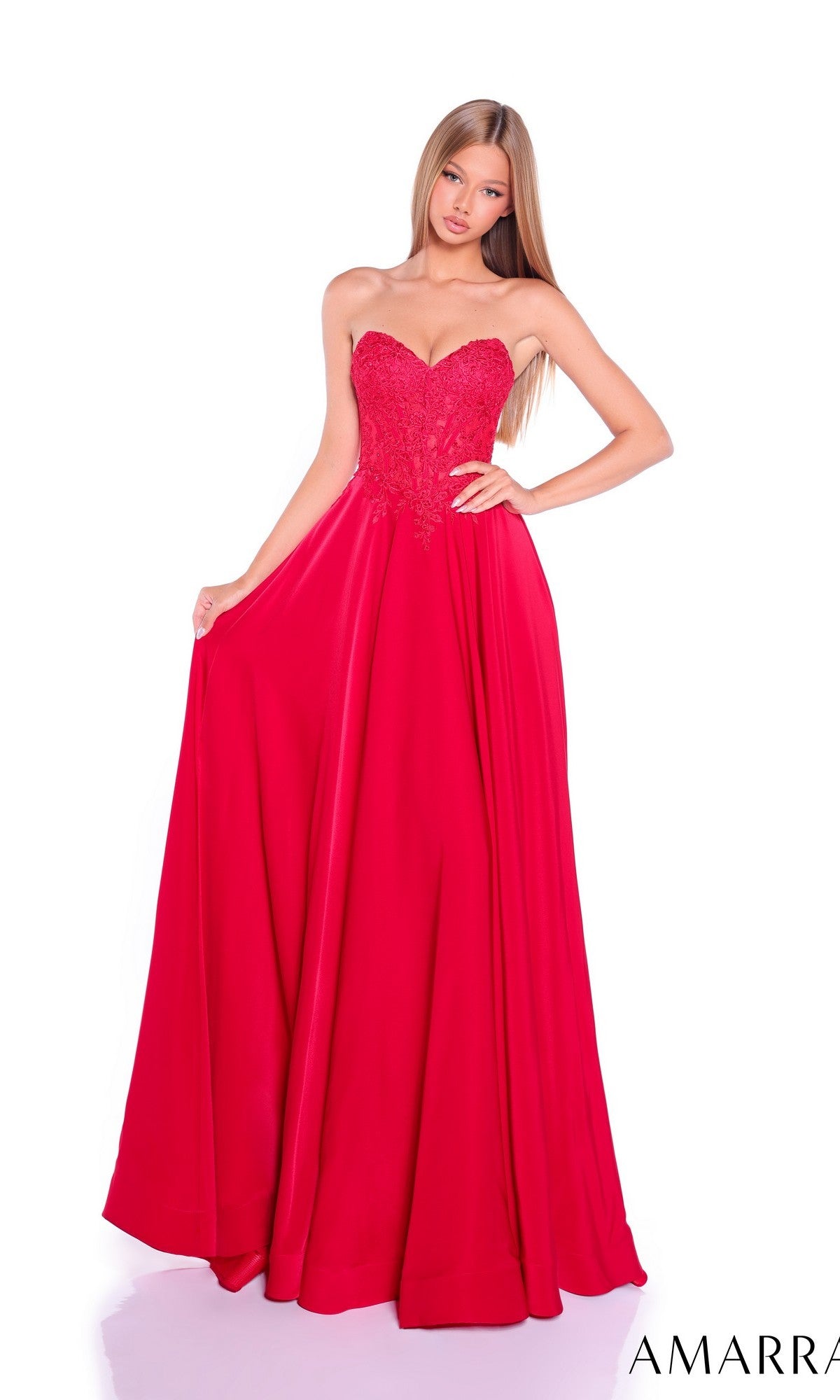 A woman poses against a white background wearing the Amarra 89433 long prom dress, featuring a strapless design with a fitted lace corset bodice and a flared, floor-length skirt.