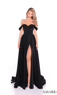 A woman stands against a white background wearing the Amarra 89441, a long satin prom dress with an off-the-shoulder neckline, corset bodice, and high slit.