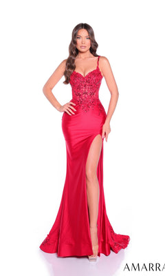 A woman poses against a white background wearing the Amarra 89449 long prom dress featuring a fitted, floor-length red design with lace details, spaghetti straps, and a high slit.