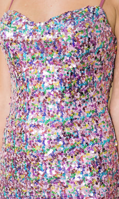 Close-up of a person wearing the Multicolored Short Sequin Homecoming Dress 8944, highlighting the upper torso and part of the sweetheart bodice adorned with vibrant sequins.