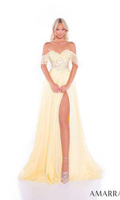 A woman stands against a white background in the Long Prom Dress: Amarra 89481, a light yellow off-the-shoulder gown with a lace corset bodice, high slit, and flowing chiffon skirt.