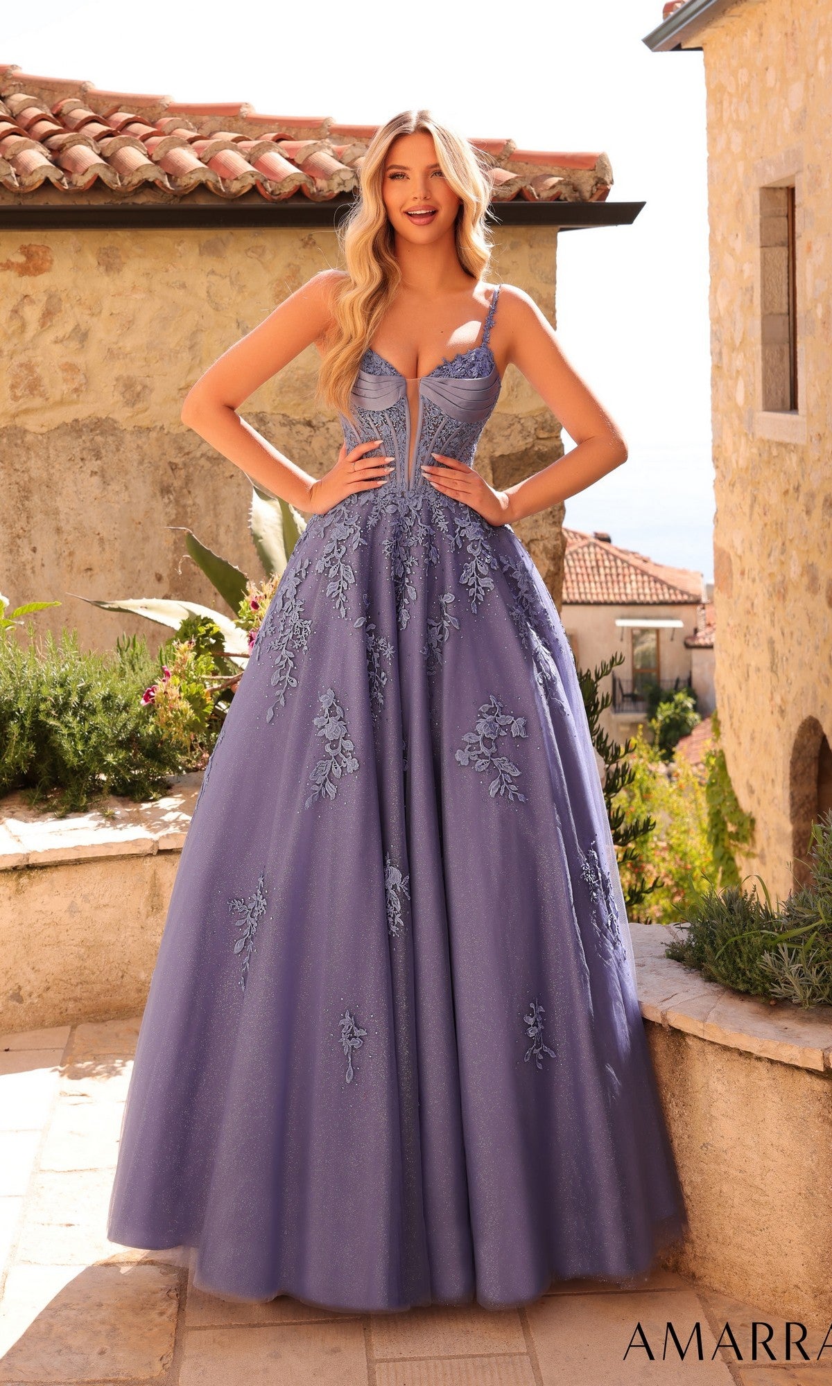 Deep V-Neck Long A-Line Prom Dress with Lace-Up Corset– PromGirl