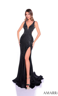 A woman wears the Amarra 89501 long prom dress with a sleeveless design, deep V-neckline, high slit, and subtle beaded details, standing against a white background.