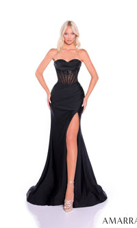 A woman in the Amarra 89508 long prom dress, featuring a strapless embellished corset bodice and high-leg slit, stands against a white background.
