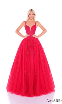 A woman models the Amarra 89509 long prom dress, featuring a vibrant red color, fitted lace corset bodice, thin straps, and a full tulle A-line skirt against a white background.