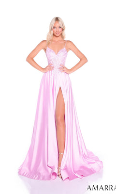 A woman wears the Amarra 89517, a light pink long prom dress featuring a sleeveless lace corset bodice and high-leg slit, standing against a white background.
