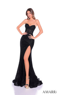 A woman models the Amarra 89521 long prom dress, featuring a strapless design, sheer corset bodice, high-leg slit, and flared skirt. She pairs it with high-heeled sandals against a plain white background.