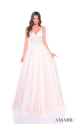 Woman wearing the Sheer-Waist Long A-Line Prom Dress Amarra 89523, a floor-length blush pink gown with a fitted bodice, sleeveless design, lace details, and floral embroidery, standing against a white background.