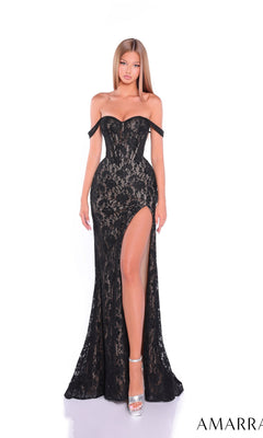 A woman models the Amarra 89527 long prom dress—an off-the-shoulder lace gown featuring a fitted corset bodice, sweetheart neckline, and high thigh slit—against a white background.