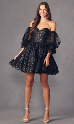 A woman wears the Puff-Sleeve Short Strapless A-Line Prom Dress 895, featuring a black glittery lace design, fitted bodice, removable sheer puff sleeves, and pairs it with nude high-heeled sandals.