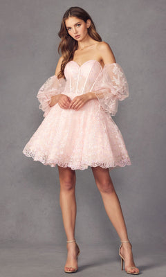 Woman wearing Puff-Sleeve Short Strapless A-Line Prom Dress 895—a pink lace A-line dress with removable puff sleeves—paired with nude high-heeled sandals, standing against a gray background.