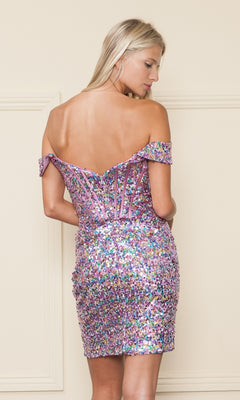 A woman stands with her back to the camera against a neutral backdrop, showcasing the Corset-Bodice Short Sequin Homecoming Dress 8968 in pink and purple sequins.