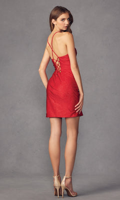 A woman wears the Cowl-Neck Short Bodycon Party Dress 896 with beige high heels, standing against a plain gray background.