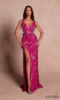 A woman wearing the Amarra 89769 long prom dress in bright fuchsia/multi, a fitted, sleeveless gown with sequin embellishments and a high thigh slit, stands against a plain beige background.