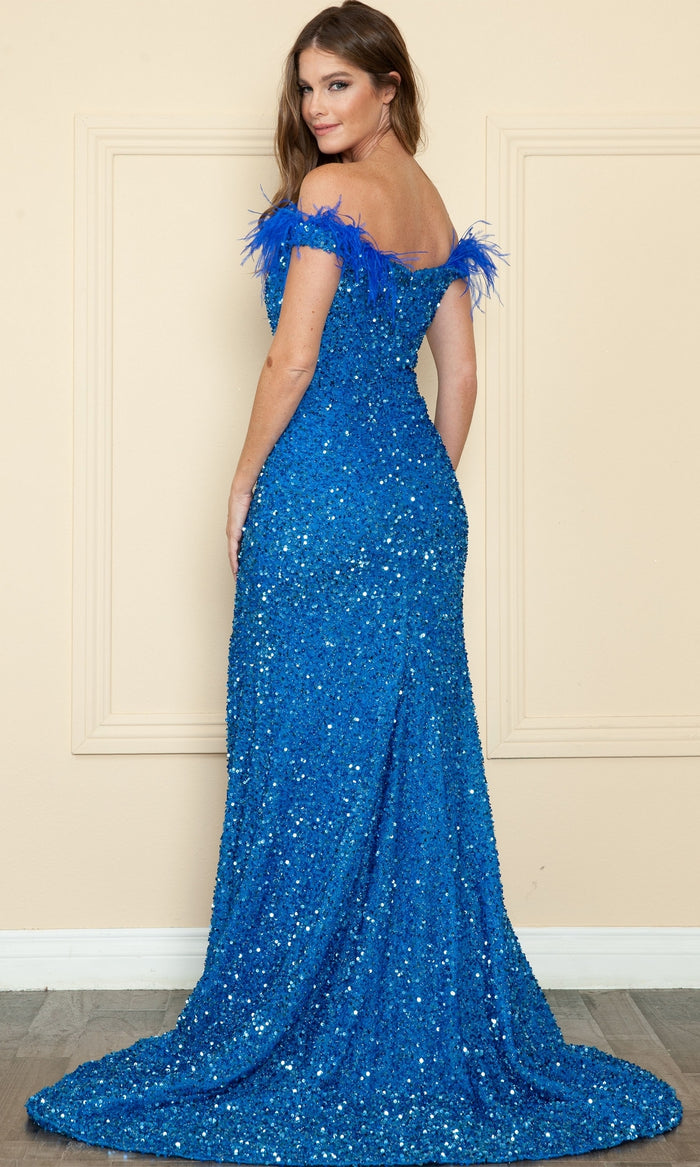Sequin-Velvet Long Feathered Prom Dress 8980