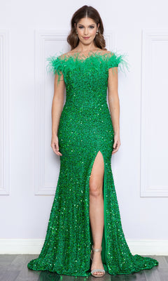 A woman poses against a white wall in the Sequin-Velvet Long Feathered Prom Dress 8980 in jade, featuring an off-the-shoulder neckline, feather trim, a thigh-high slit, and silver heels.