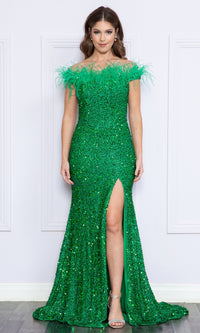 Sequin-Velvet Long Feathered Prom Dress 8980