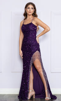 Strappy-Back Fringed Long Sequin Prom Dress 8982