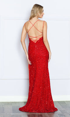 A woman stands with her back to the camera in the Strappy-Back Fringed Long Sequin Prom Dress 8982, a floor-length red gown featuring thin crisscross straps, an open back, and shimmering sequins.