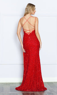 Strappy-Back Fringed Long Sequin Prom Dress 8982
