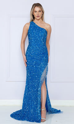 A woman poses by a light wall in the Fringe One-Shoulder Long Sequin Prom Dress 8984 in blue, featuring a thigh-high slit, paired with silver heels.