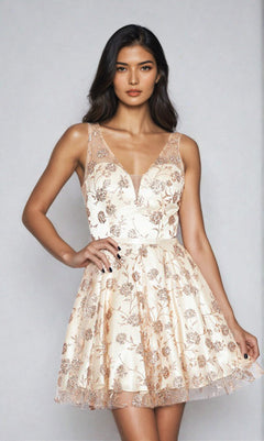 Model wearing the Floral-Glitter V-Neck Short Homecoming Dress 9202 in champagne, featuring a floral lace pattern, against a light gray background.