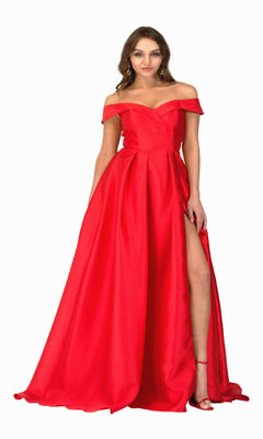 A woman stands gracefully, looking at the camera in the Classic Mikado Prom Ball Gown: Abby Paris 90023—a floor-length red off-the-shoulder dress with a high slit.