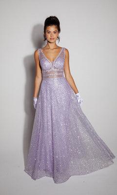 A woman in the Eureka 9005 Sleeveless Long Glitter Formal Dress in sparkly lavender with a sheer waist panel and white gloves stands before a plain light background.