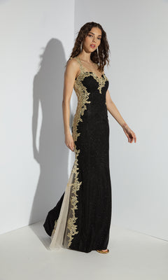 Long Prom Dress: Eureka 9006, a form-fitting black floor-length dress with gold lace embroidery on the bodice and sides.