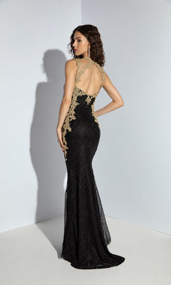 Back view of the Long Prom Dress: Eureka 9006, a black, form-fitting floor-length gown with gold floral lace embroidery along the neckline, shoulders, and sides.
