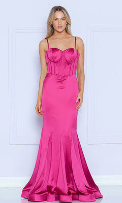 A woman poses against a light background in the Long Sweetheart Mermaid Corset Prom Dress 9008 in fuchsia, featuring thin straps, stretch charmeuse fabric, and a structured mermaid-style bodice.