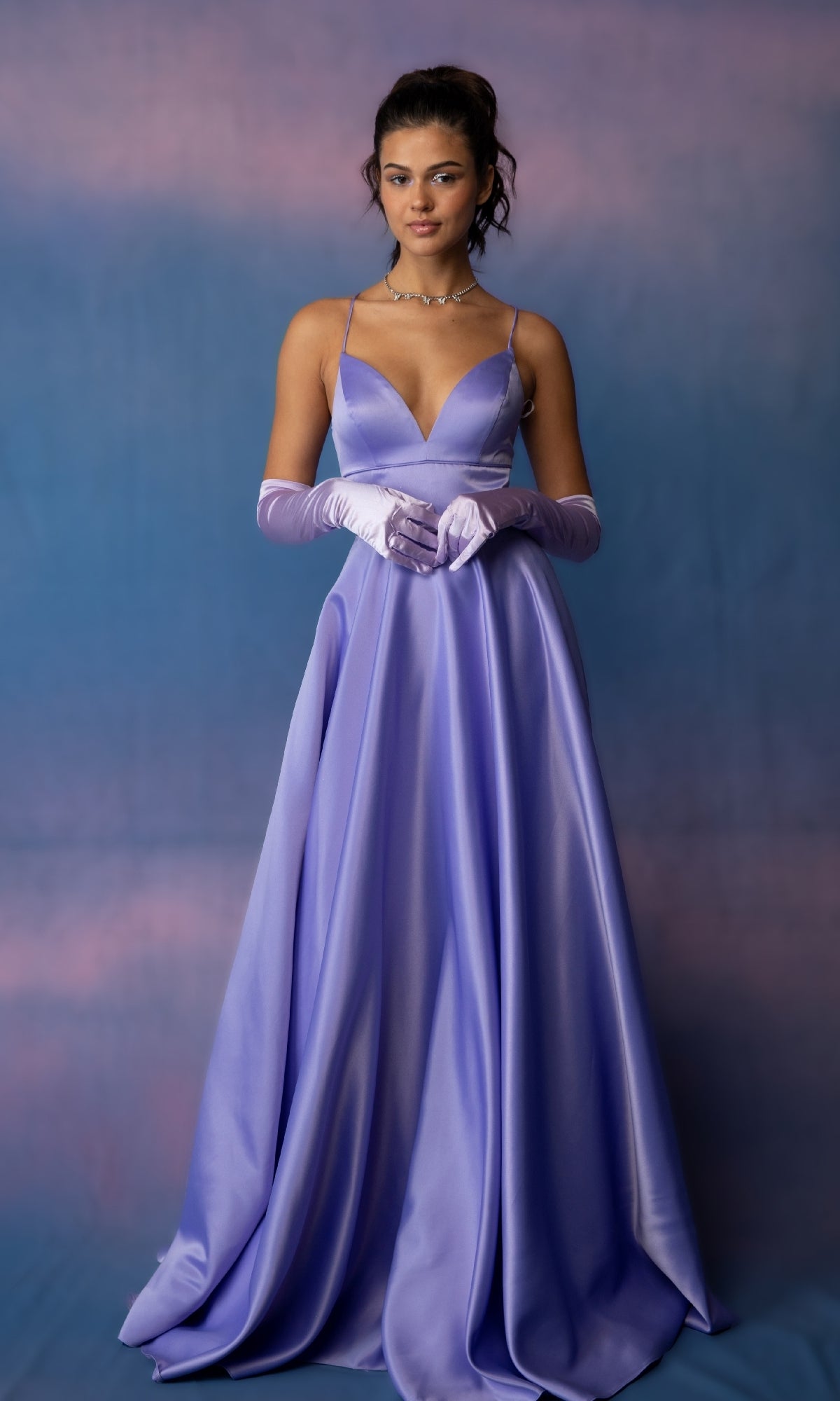 Long Satin A-Line Prom Dress with Strappy Open Back Lavender / Medium Long Satin A-Line Prom Dress with Strappy Open Back Lavender / Medium