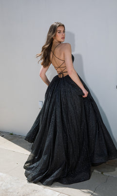 Long Glitter A-Line Prom Dress with Strappy Open Back Silver / Large Long Glitter A-Line Prom Dress with Strappy Open Back Silver / Large