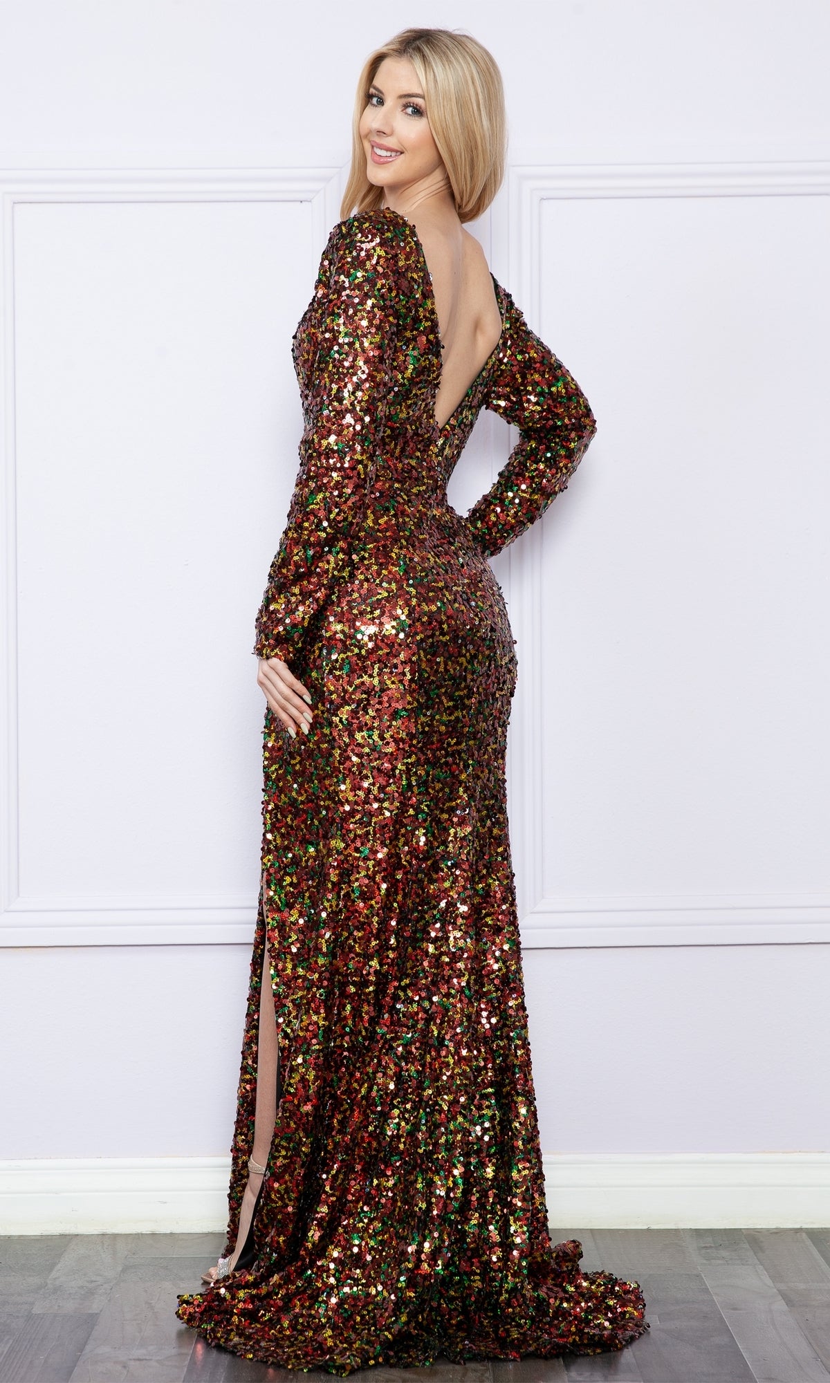 Long Sleeve Long Sequin Formal Dress 9010