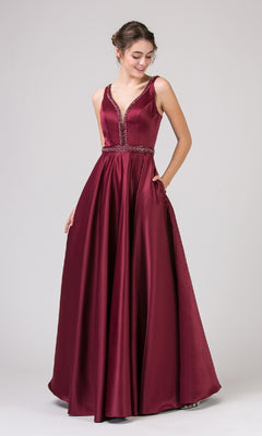 A woman models the Beaded-Waist Long Satin Prom Dress: Eureka 9010—a sleeveless, deep red gown with a V-neckline, beaded waist, and full-length skirt—against a plain light background.