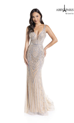 Open-Back Sparkly Embroidered Tulle Long Prom Dress Champagne / 16