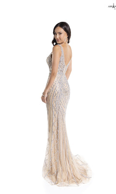 Open-Back Sparkly Embroidered Tulle Long Prom Dress Champagne / 16