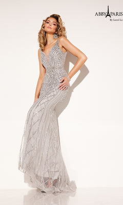 Open-Back Sparkly Embroidered Tulle Long Prom Dress Silver / 2