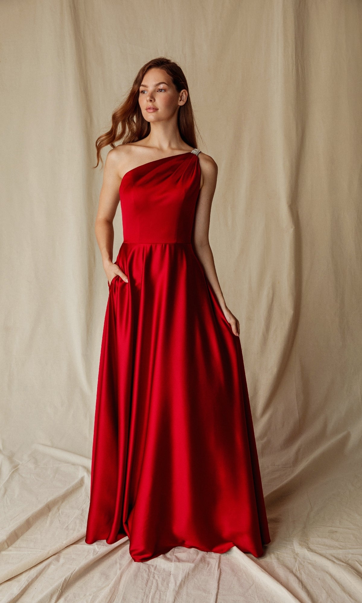 One-Shoulder Long Satin Formal Dress with Pockets PromGirl One-Shoulder Long Satin Formal Dress with Pockets PromGirl